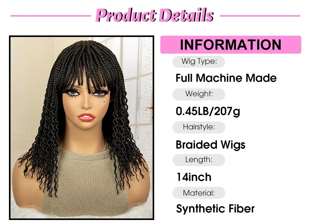 Short 14" Bob Braided Wig | Curly Knotless Box Braids | Synthetic Machine Made Wig | For Black Women