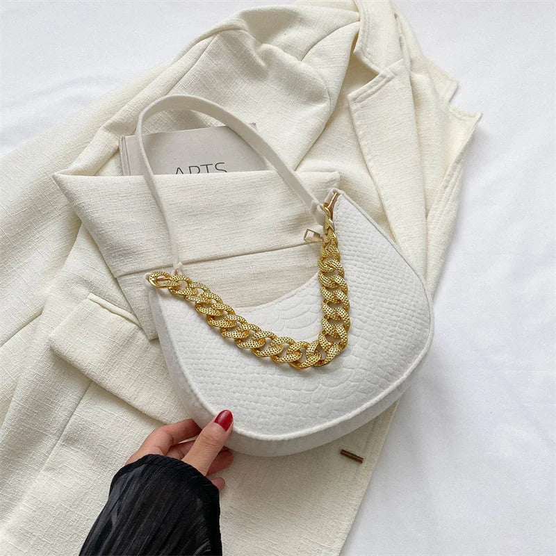 Fashion Women's Felt Handbag | Imitation Metal Chain Underarm Bag (Retro Ladies Solid Color Shoulder Bag, Trendy Casual Clutch Purse)