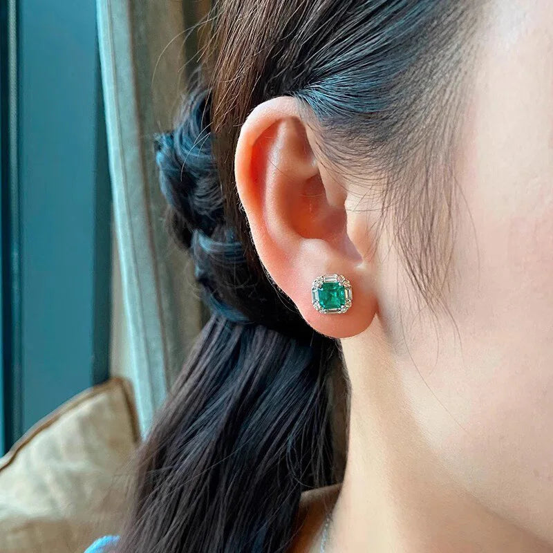European and American Square Green Zircon Earrings, French Romantic Women's Inlaid Zircon Banquet Design, Shiny Jewelry