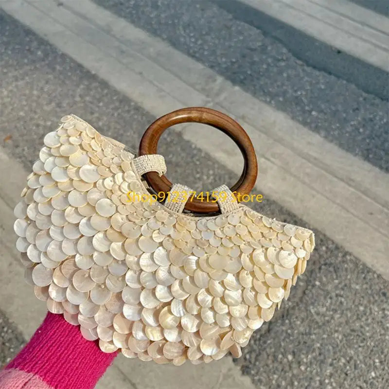 Elegant Beaded Shell Design Top Handle Purse | Bohemian Handmade Handbag for Vacation & Casual Occasions
