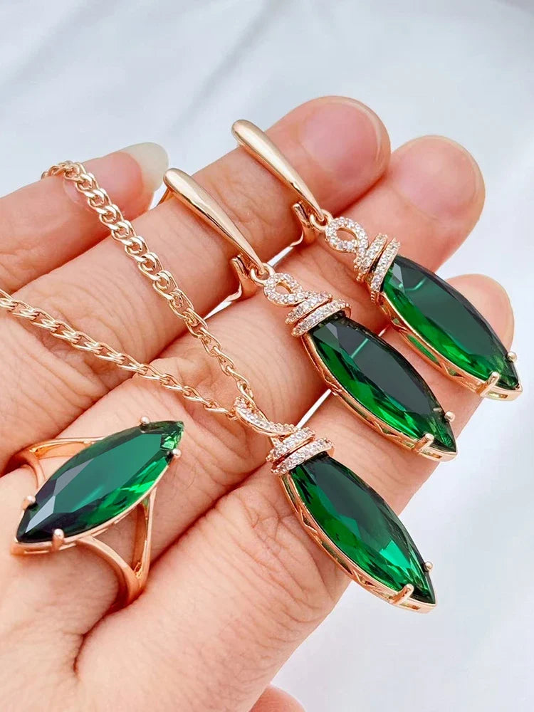 Kinel Hot Shiny Rhombus Green Natural Zircon Ring Earrings Necklace for Women Trend 585 Rose Gold Color Daily 3pcs Jewelry Sets