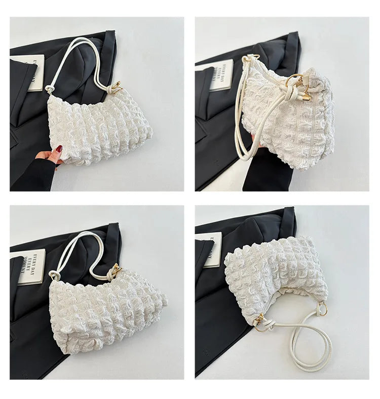 Canvas Wrinkle Bag for Women | Shoulder Bags & Pleated Bubbles Handbags (Padded Casual Underarm Quilted Tote Cloud Bag Purse)