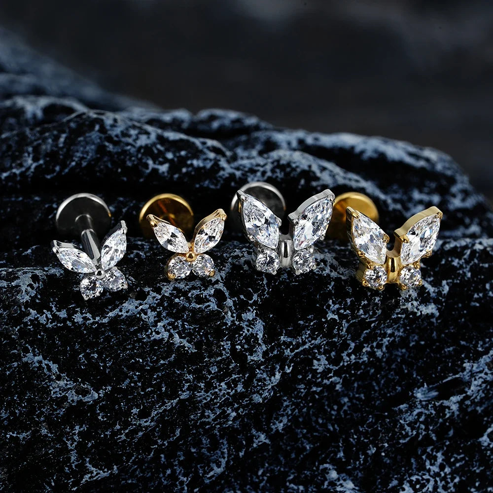 Right Grand ASTM F136 Titanium 16G Mini Butterfly CZ Labret Tragus Cartilage Conch Forward Helix Stud Nose Piercing Body Jewelry