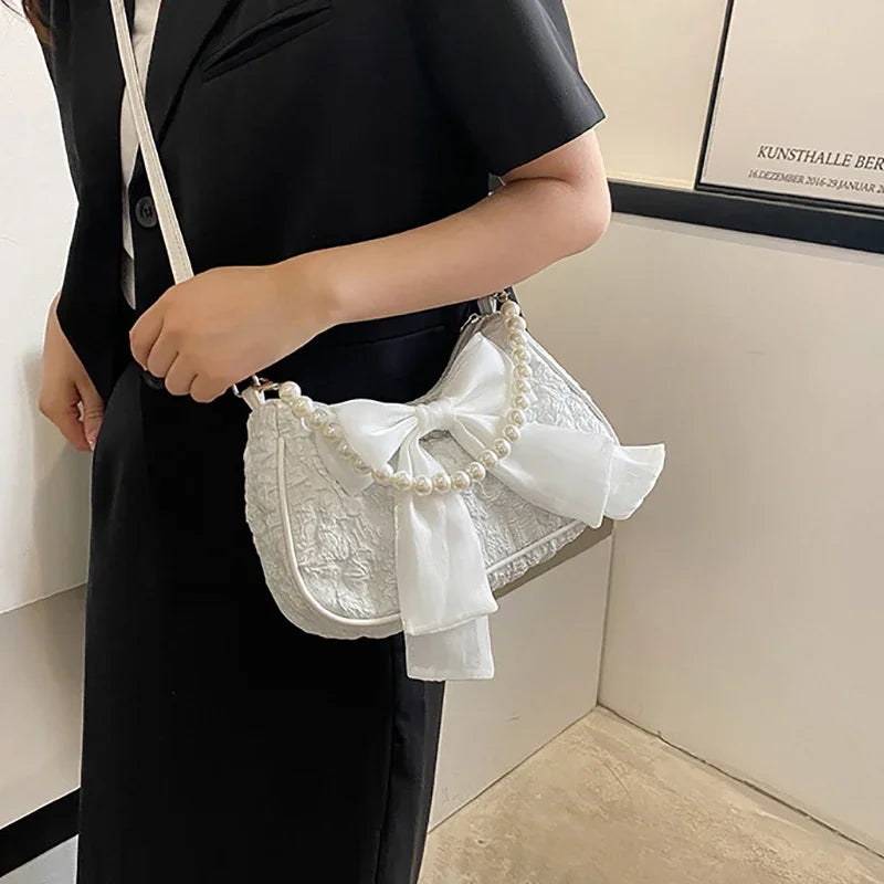 White Folds Pop Retro Bow Bag | Female Pearl Handle New Fashion Pearl Armpit Shoulder & Crossbody Bag