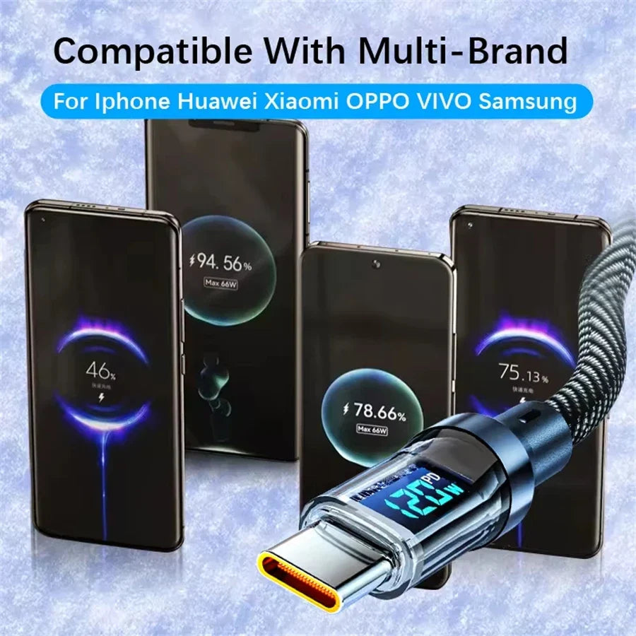 120W Super Fast Charging Cable Real-time Digital Display USB A to Type C Data Cable For iPhone Android Phones Universal