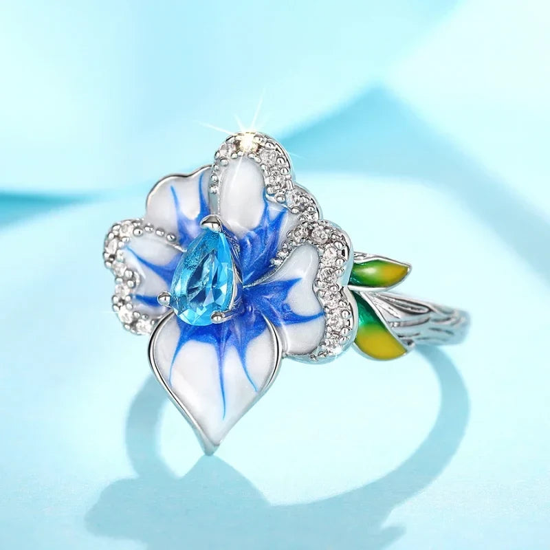 Huitan Gorgeous Creative Rings with Blue Flower Designed Elegant Temperament Party Jewelry for Women Delicate Finger Accessories