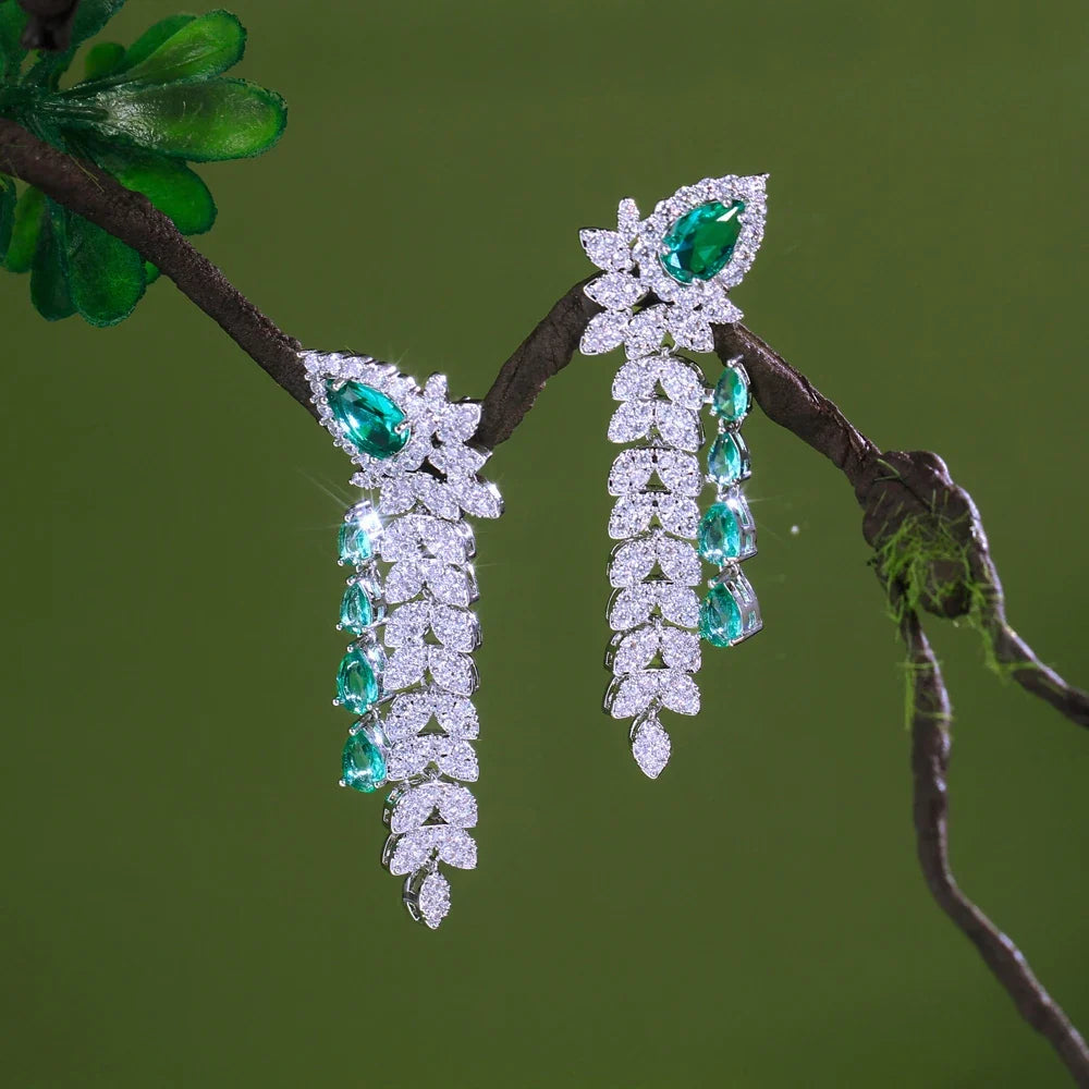 CWWZircons Dangling Leaf Drop Green Cubic Zirconia Luxury Long Earrings  for Women Beautiful Wedding Banquet Party Jewelry CZ959
