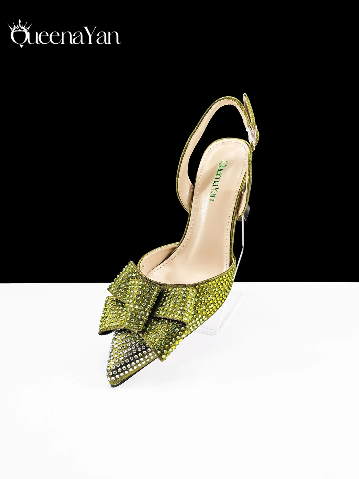 Queena Yan Newest Full of Rhinestone Design Olive Color Lady Sheos and Metal Bead-Embellished Handbag Set for Parrt Wedding