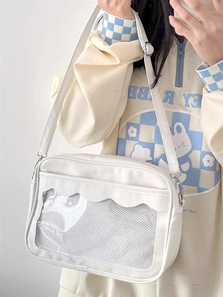 Women's PU Transparent Pocket Ita Bag | High School Girls JK Uniform Crossbody Shoulder Handbag (Fashion Satchel)