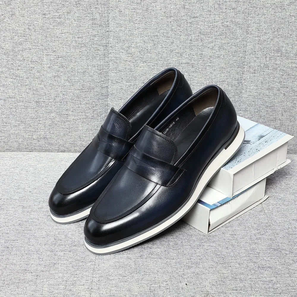 Classy Men's Genuine Cow Leather Penny Loafers | Blue & Black Casual Business Flats (Breathable)
