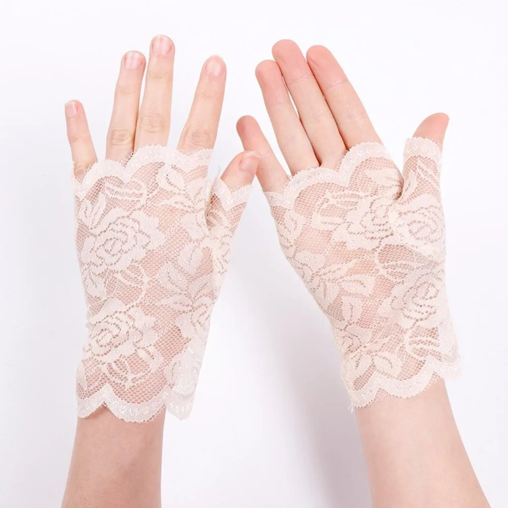 Women Short Lace Hollow-Out Fingerless Gloves Sun Protection Sleeves Mesh Thin Cycling Sexy Mittens Half Finger Handschoenen