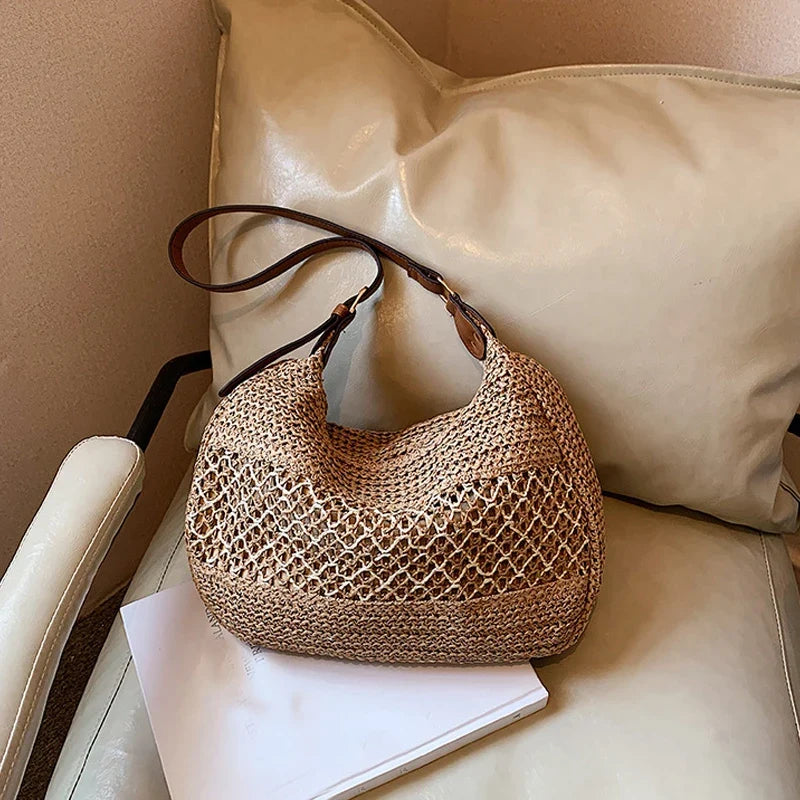 Large Capacity Summer Straw Weaving Shoulder Bag | Women's Handmade Crochet Beach Handbag & Woven Hollow Out Underarm Knitting Bag