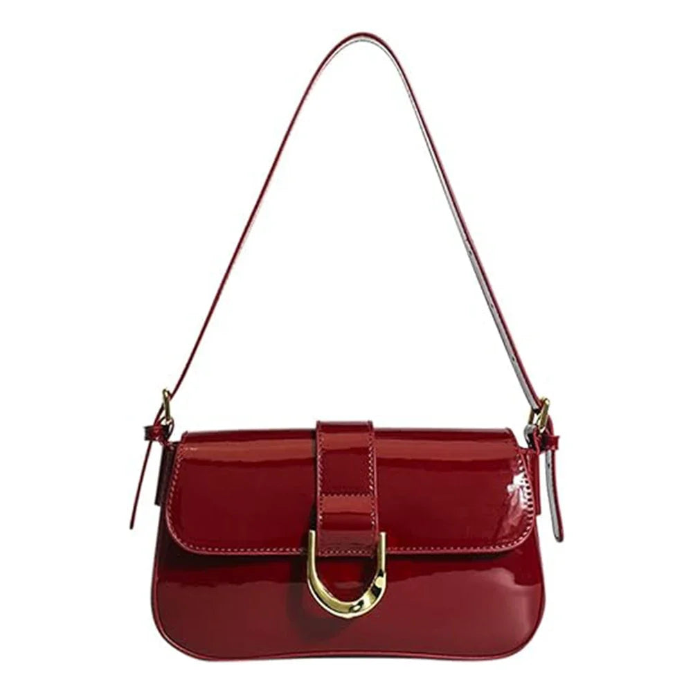 Retro Patent Leather Shoulder Bag for Women | Luxury Flap Crossbody & Solid Color Underarm Bag (Red Lady Handbag)
