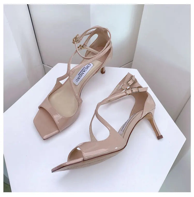 Luxury Sequined Women Gladiator Sandals Summer Designer Shoes for Women 2026 Square Head Hollow High Heels Fashion Ladies Shoes