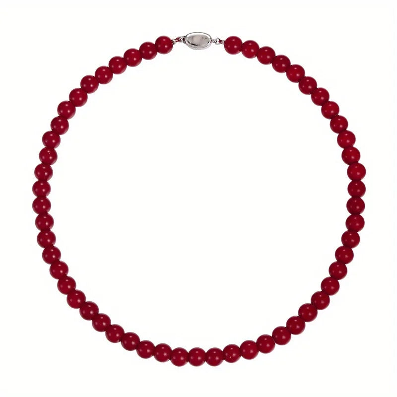 Handmade Vintage Chinese Style Glass Bead Necklace with Antique Red Glass Beads and Gold Coin Closure, Versatile Neckpiece