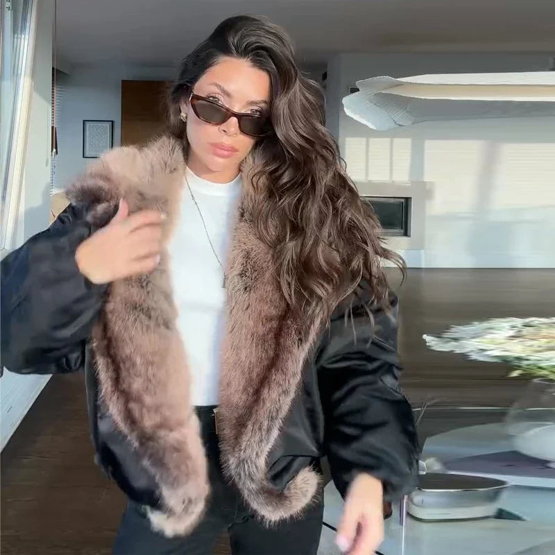 Fashion Faux Fur Patchwork Cotton Coat Women Lapel Zipper Pocket Cropped Street Warm Jacket 2026 Winter Lady Puffer Jackets New