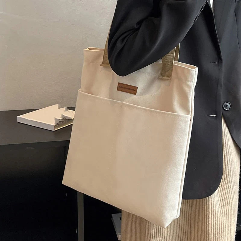 Women's Canvas Tote Bag | Solid Color Designer Ladies Casual Handbag & Large Capacity Cotton Reusable Shopping Beach Bag