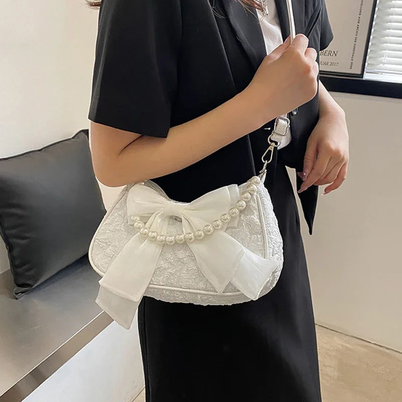 White Folds Pop Retro Bow Bag | Female Pearl Handle New Fashion Pearl Armpit Shoulder & Crossbody Bag