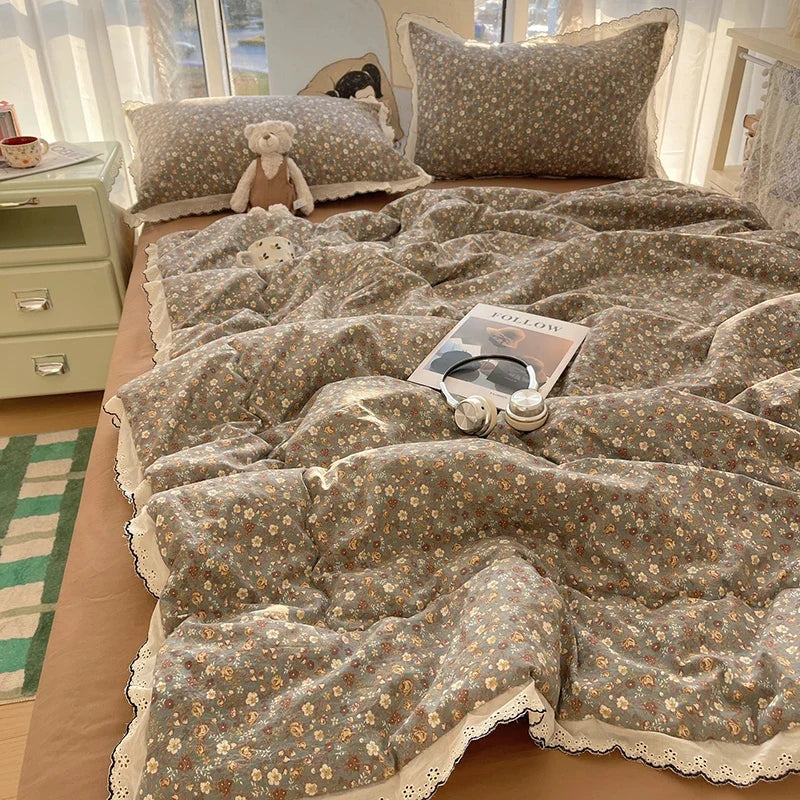 Summer Quilt Korean Style Duvet with Lace Single/Queen Size Comforter Flower Printed Quilted Blanket 여름이불 (No Pillowcase)