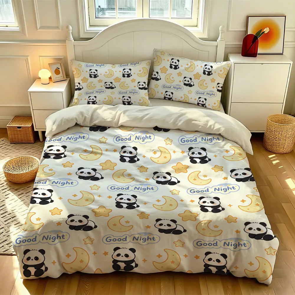3pcs Cartoon Panda Print Coreless Duvet Cover Cool Summer Lightweight Bedding Set Multi Size Bedroom Bedding Decoration