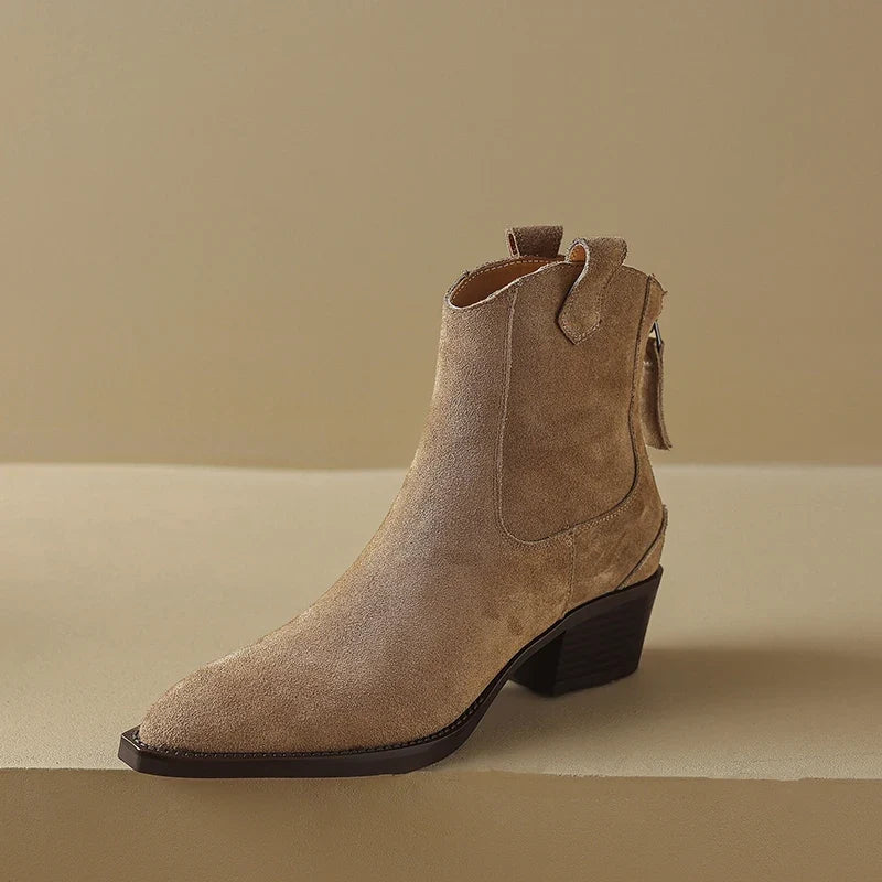 New 2025 Trend Autumn Winter Cow Suede Women Western Boots Black Brown Khaki Purple Green Burgundy Pointed Toe Lady Ankle Boots