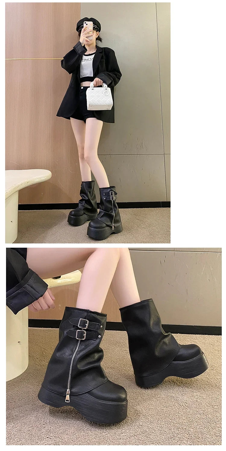 Soft Leather Ankle Mid Calf Boots Winter Autumn High Platform Wedge British Booties Woman New Ladies Chunky Motorcycle Boots 9CM