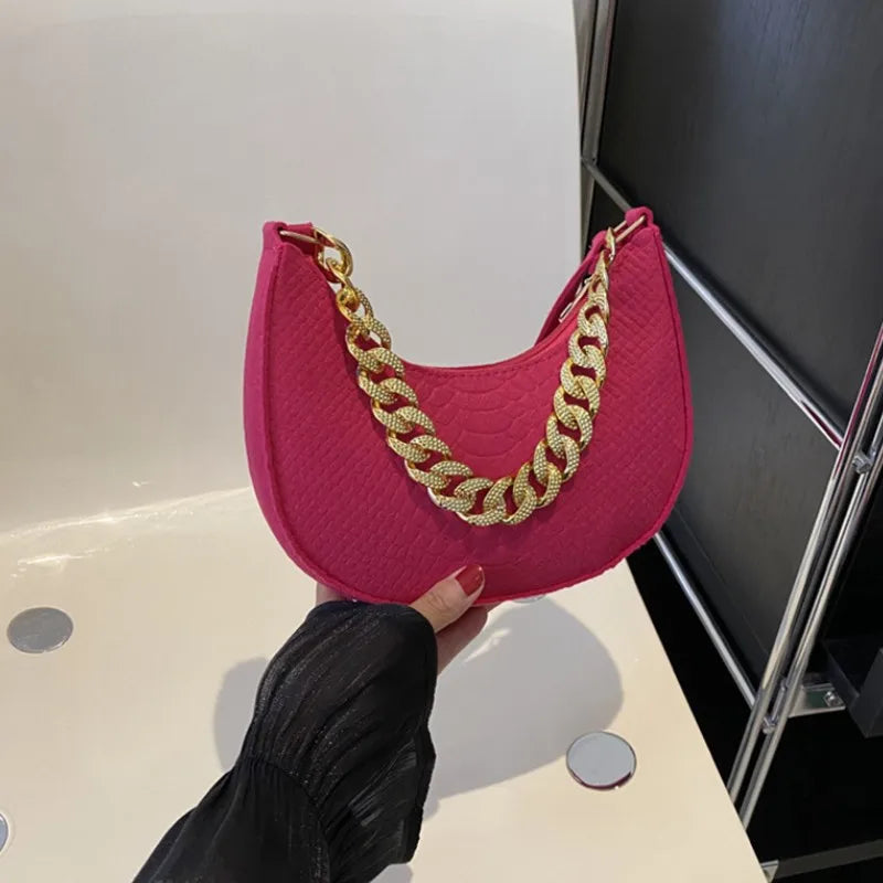 Fashion Women's Felt Handbag | Imitation Metal Chain Underarm Bag (Retro Ladies Solid Color Shoulder Bag, Trendy Casual Clutch Purse)
