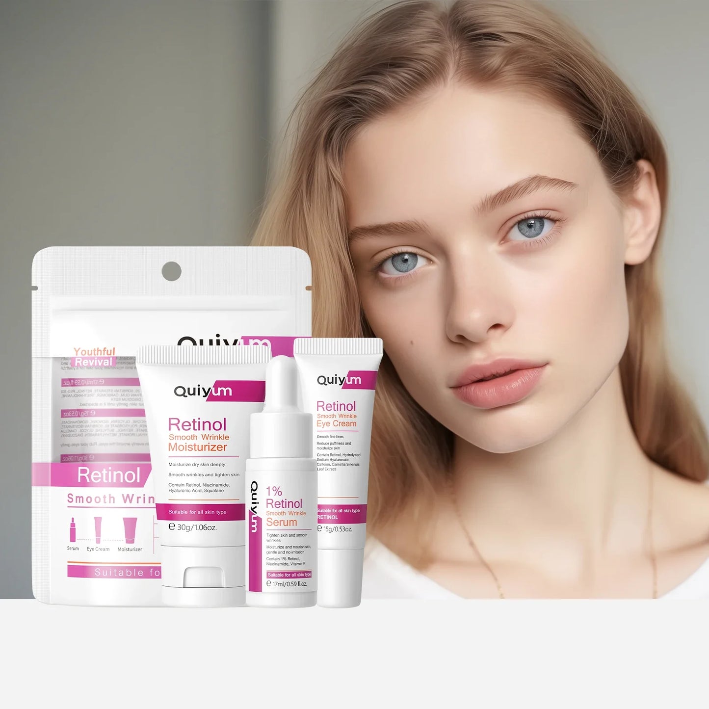 QUIYUM Retinol Smooth Wrinkle Skincare Set · For All Skin Types · Smooth Wrinkles & Fine Lines Improve Skin Elasticity & Radianc