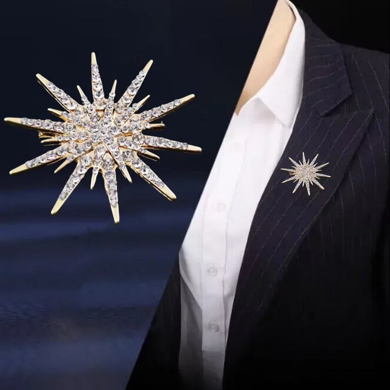 Rhinestone Hexagram Brooches for Women Men Fashion Starburst Metal Lapel Pin Clothes Accessories Office Leisure Jewelry Gift