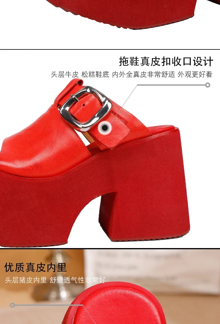 GKTINOO 2026 Summer New Genuine Leather Thick Soled Height Increasing Slippers Fashionable Women's Super High Heels Sandals