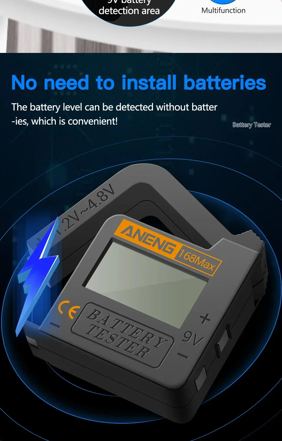 ANENG 168MAX Self Powered Digital LCD Battery Checker AA AAA C D 9V Button Cell 18650 Lithium Cell Voltage Capacity Test Tool
