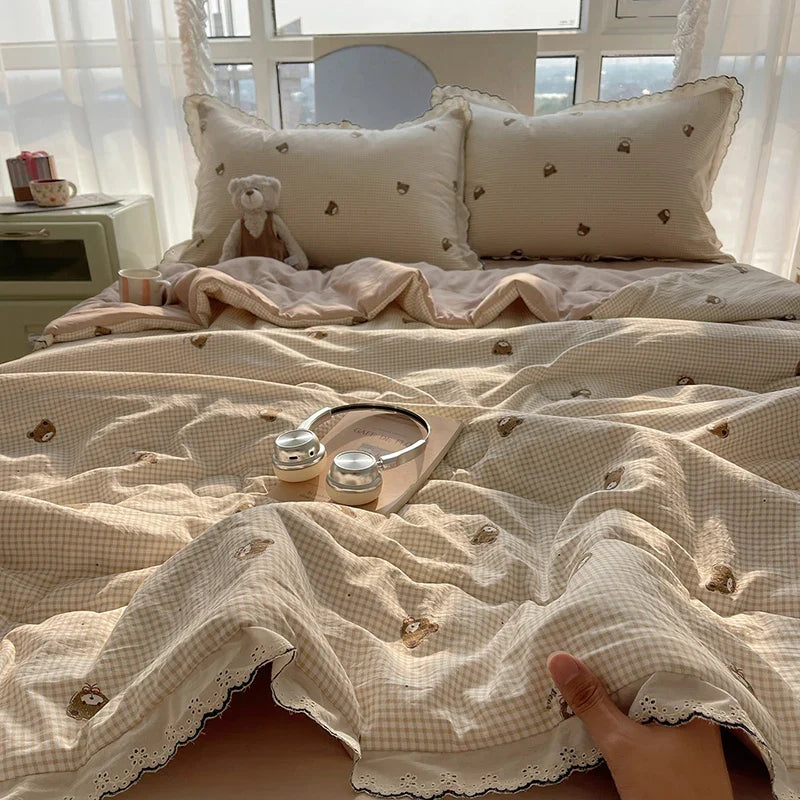 Summer Quilt Korean Style Duvet with Lace Single/Queen Size Comforter Flower Printed Quilted Blanket 여름이불 (No Pillowcase)