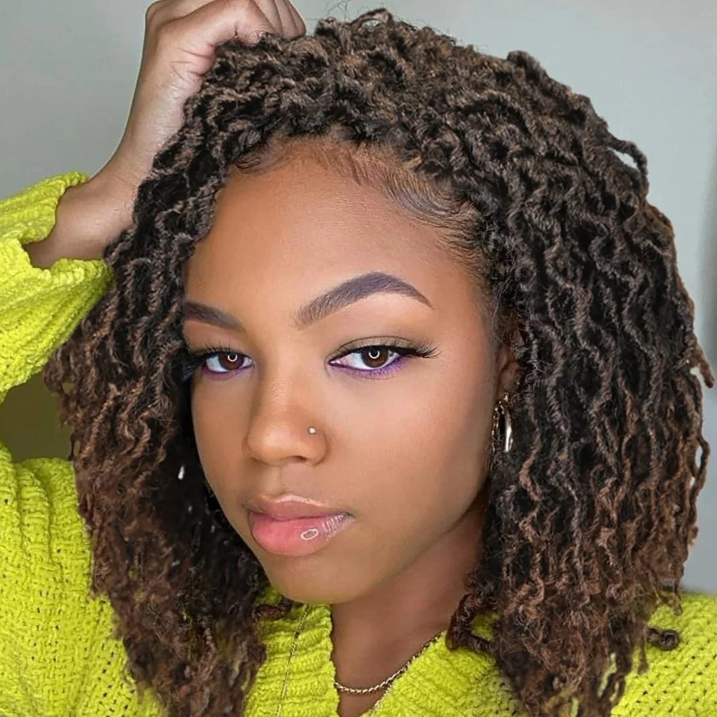 Short Goddess Faux Locs Wig | Brown Highlight Crochet Dreadlock Wig