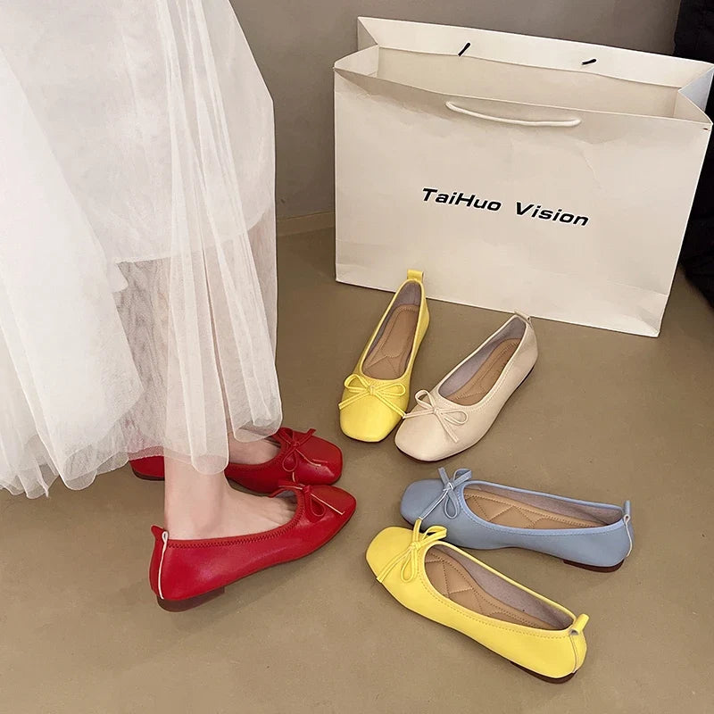 2026 Brand Women Flats Spring New Square Toe Bowknot Ladies Casual Ballet Shoes Big Size Slip on Soft Eelgant Dress Shoes 12457