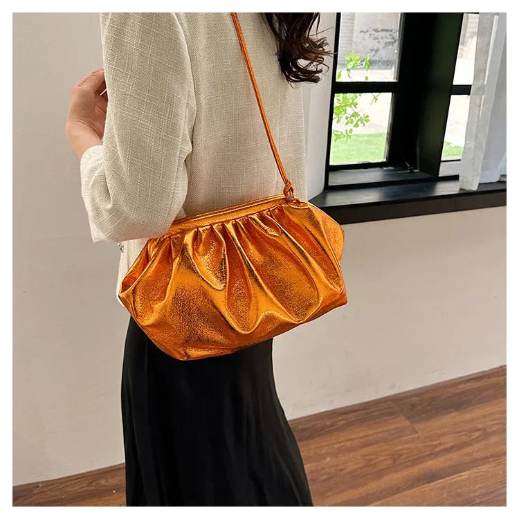 Small Luxury Design Women's Leather Silver Cloud Bag | Gold Crossbody & Ladies Party Clutch Purse (Sequined, Ruched Handbag)