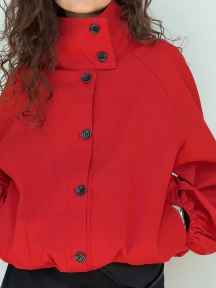 AACHOAE Women High Neck Lightweight Jacket Casual Long Sleeve Windbreaker Coat Drawstring Hem Button Front Short Outerwear