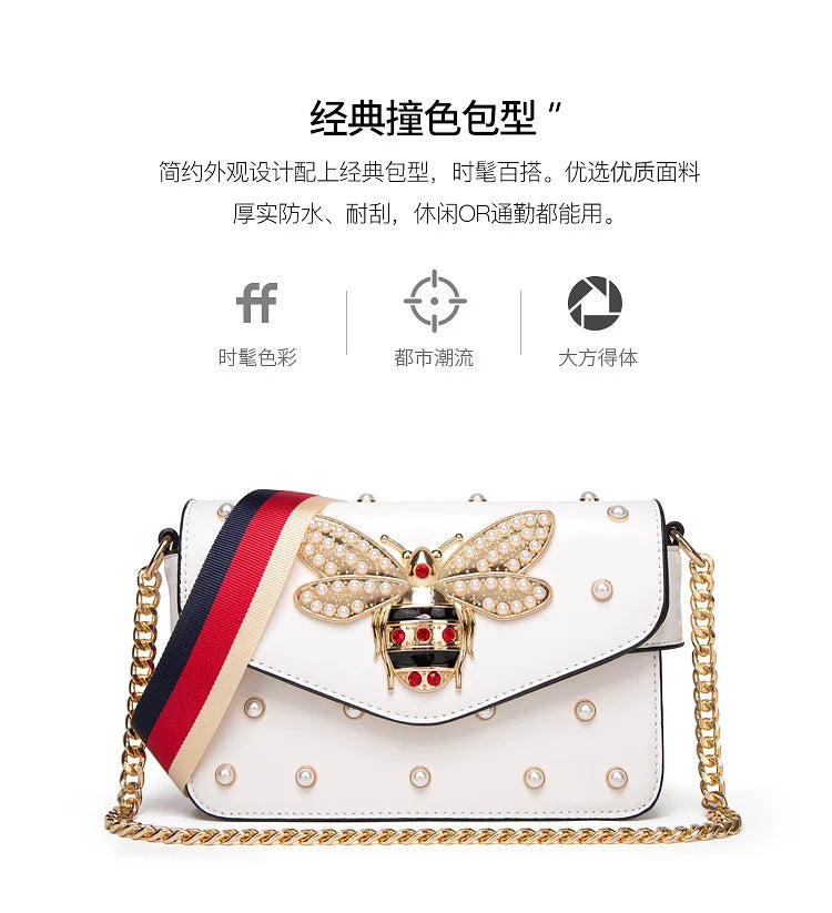 Women's Pearl and Bee Shoulder Handbag | PU Crossbody Bag with Chain