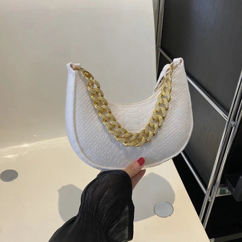 Fashion Women's Felt Handbag | Imitation Metal Chain Underarm Bag (Retro Ladies Solid Color Shoulder Bag, Trendy Casual Clutch Purse)