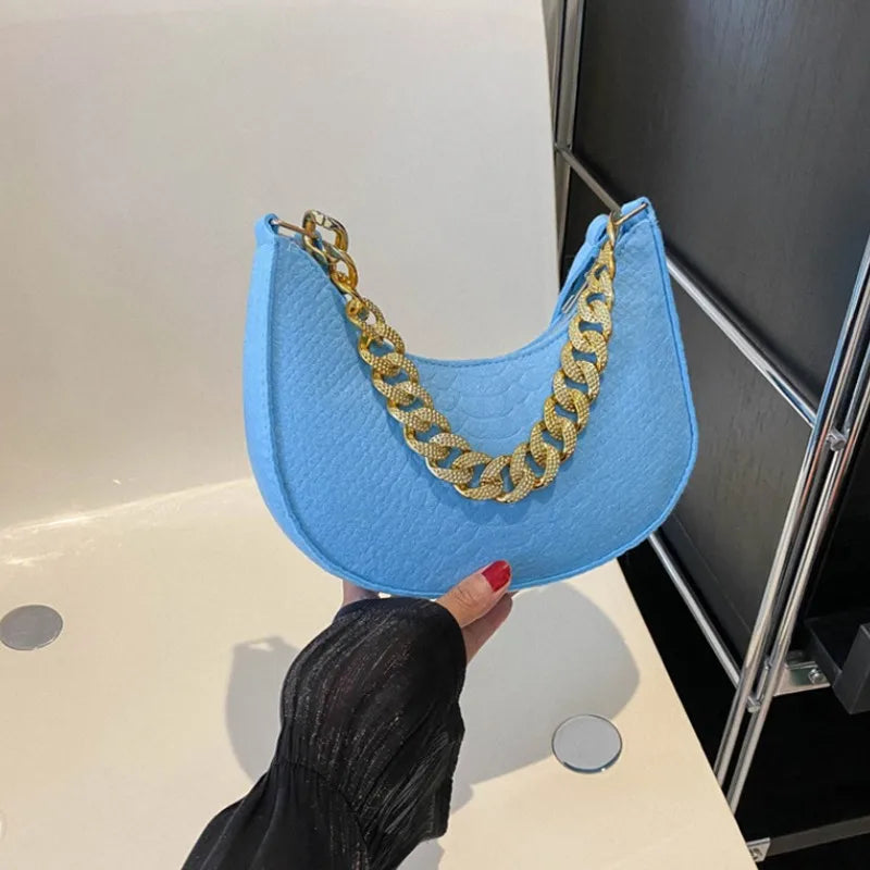 Fashion Women's Felt Handbag | Imitation Metal Chain Underarm Bag (Retro Ladies Solid Color Shoulder Bag, Trendy Casual Clutch Purse)