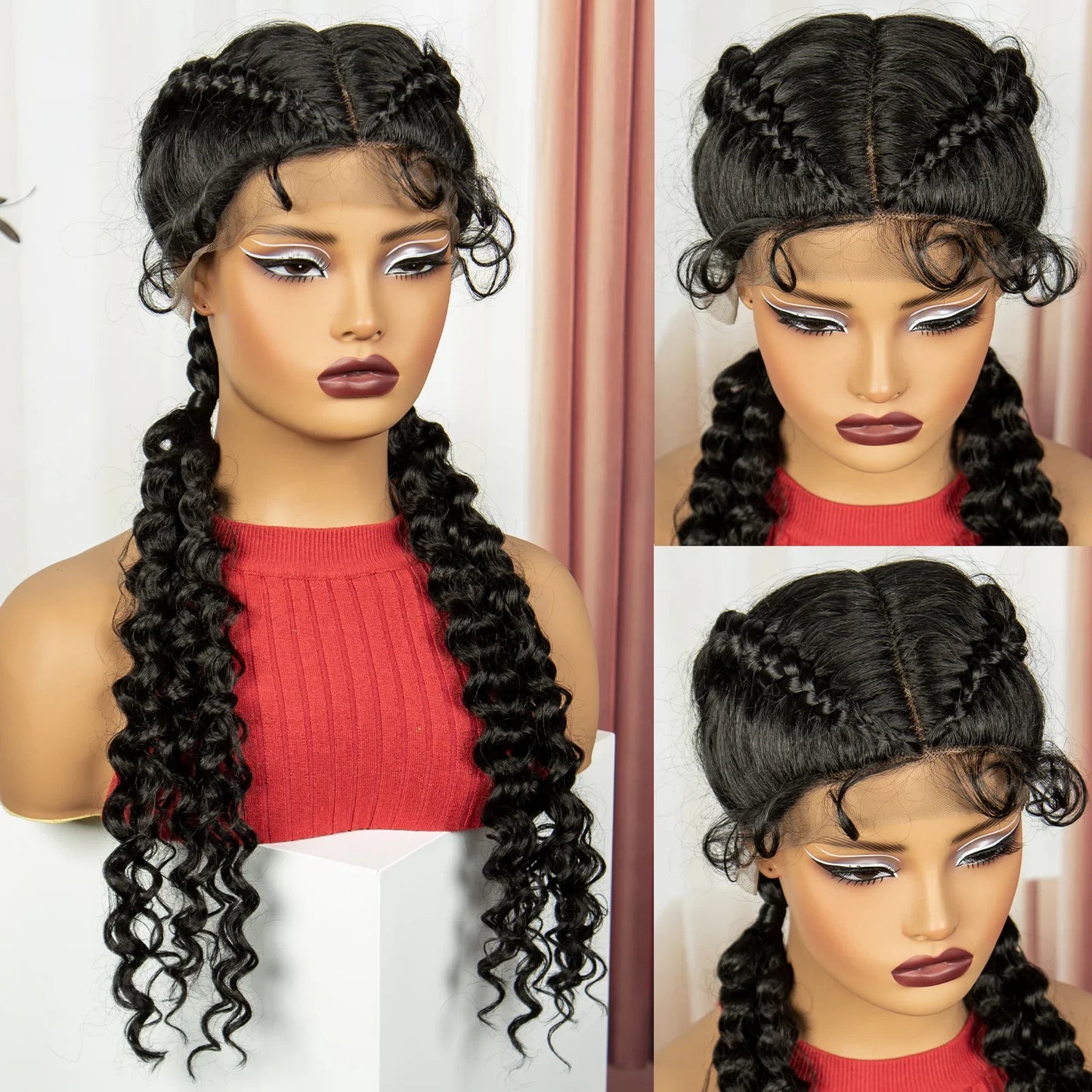 Curly Cornrow Twist Braids Wig | 13x1 T Part Lace | Water Wave | Black Women