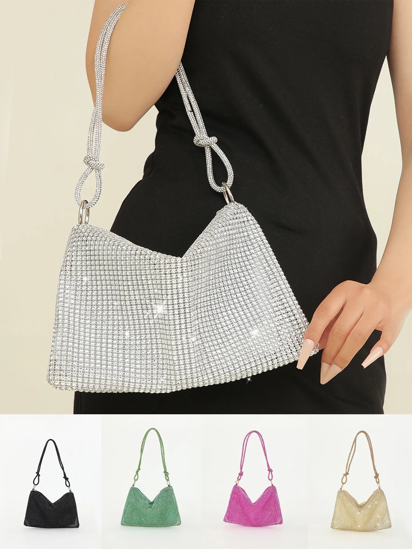 Shiny Rhinestone Woman Handbags | Underarm Crescent Evening Bag for Weddings, Parties & Gatherings (Sparkling Half Moon Purse)