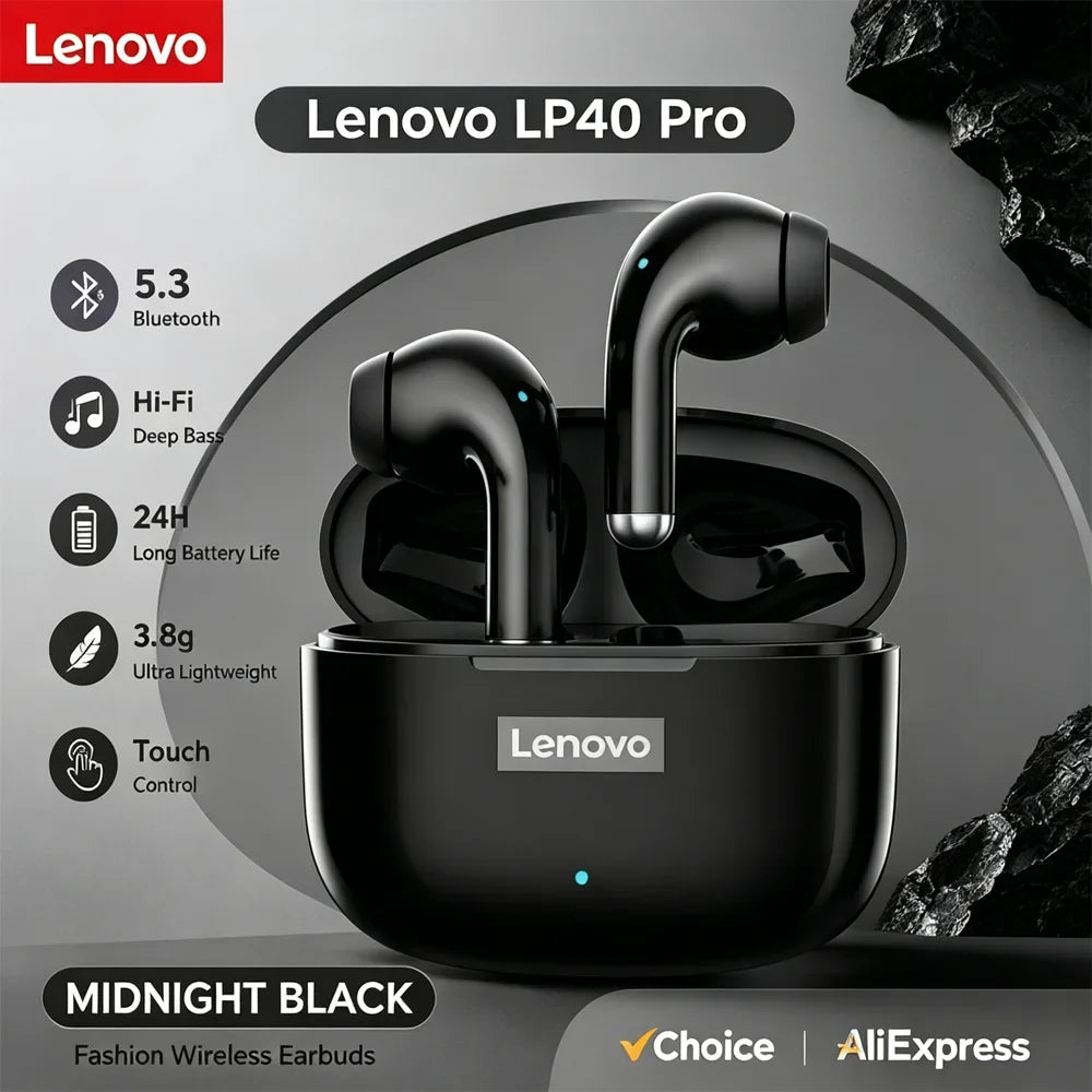 Lenovo LP40 Pro TWS Bluetooth 5.4 Wireless Headphones HiFi Stereo Earphones Gaming Sports Touch Control HD Call With Mic Earbuds