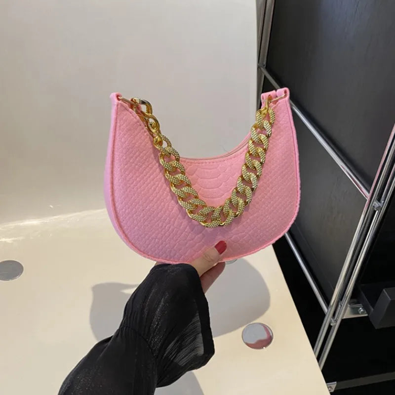 Fashion Women's Felt Handbag | Imitation Metal Chain Underarm Bag (Retro Ladies Solid Color Shoulder Bag, Trendy Casual Clutch Purse)