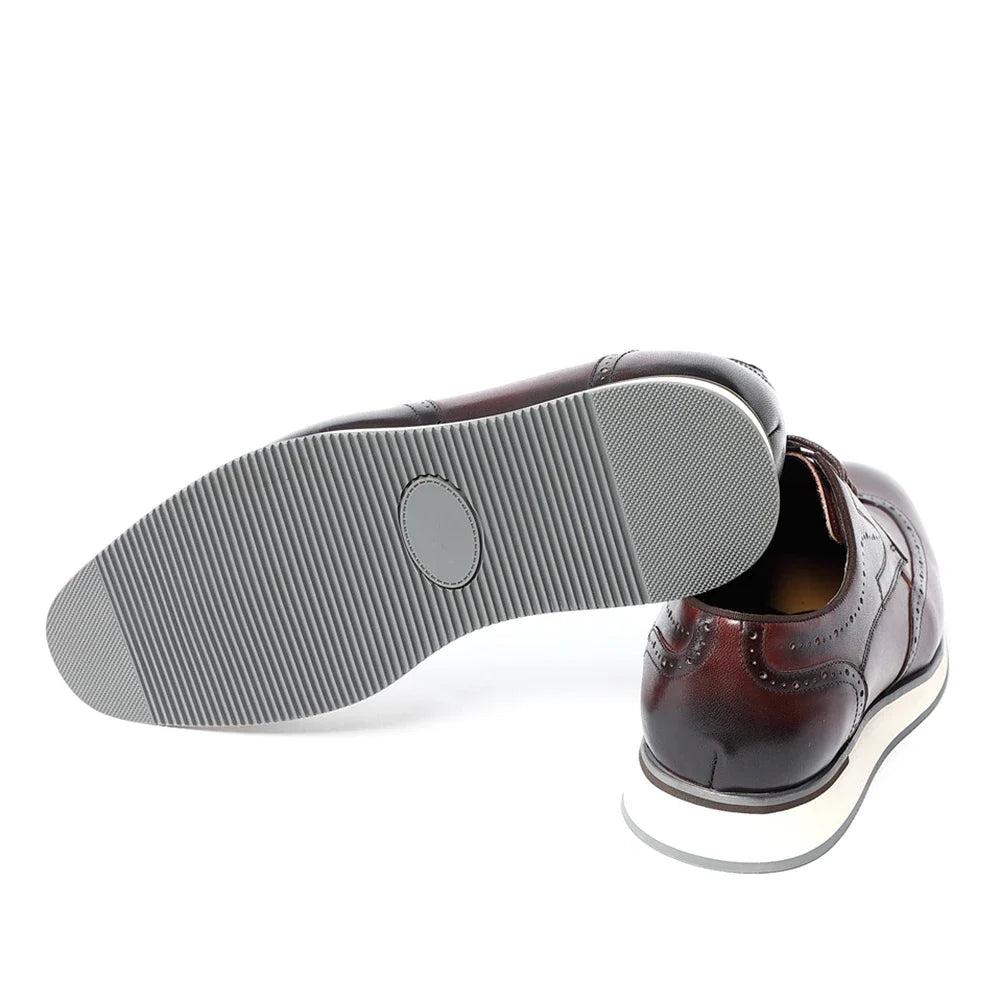 Men's Natural Cowhide Genuine Leather Derby Dress Shoes | Brogue Wingtip Flat Shoes (Black, Wine Red)
