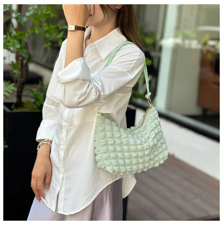 Canvas Wrinkle Bag for Women | Shoulder Bags & Pleated Bubbles Handbags (Padded Casual Underarm Quilted Tote Cloud Bag Purse)