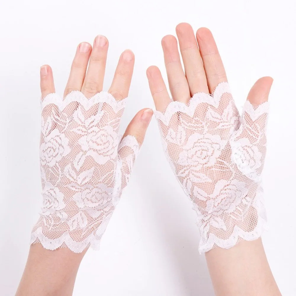 Women Short Lace Hollow-Out Fingerless Gloves Sun Protection Sleeves Mesh Thin Cycling Sexy Mittens Half Finger Handschoenen