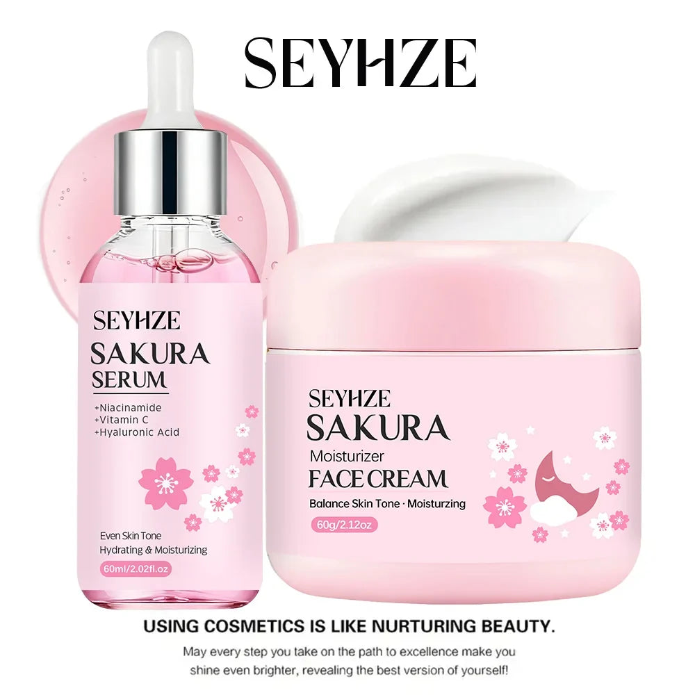 SEYHZE Sakura Collagen Essence + Moisturizing Cream Facial Care Set - 2pcs Packed with Collagen Peptides Vitamin C/E Aloe Niacin