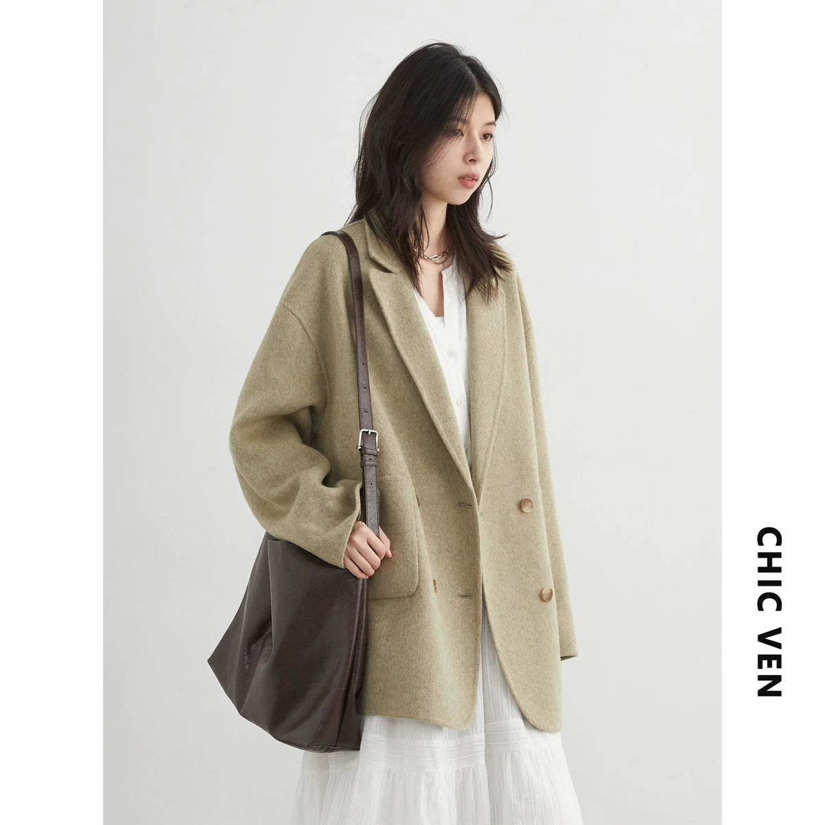 CHIC VEN New Women Woolen Coat Loose Solid Mid-length Double-sided Oversized Office Ladies Jackets Outerwear Autumn Winter 2026