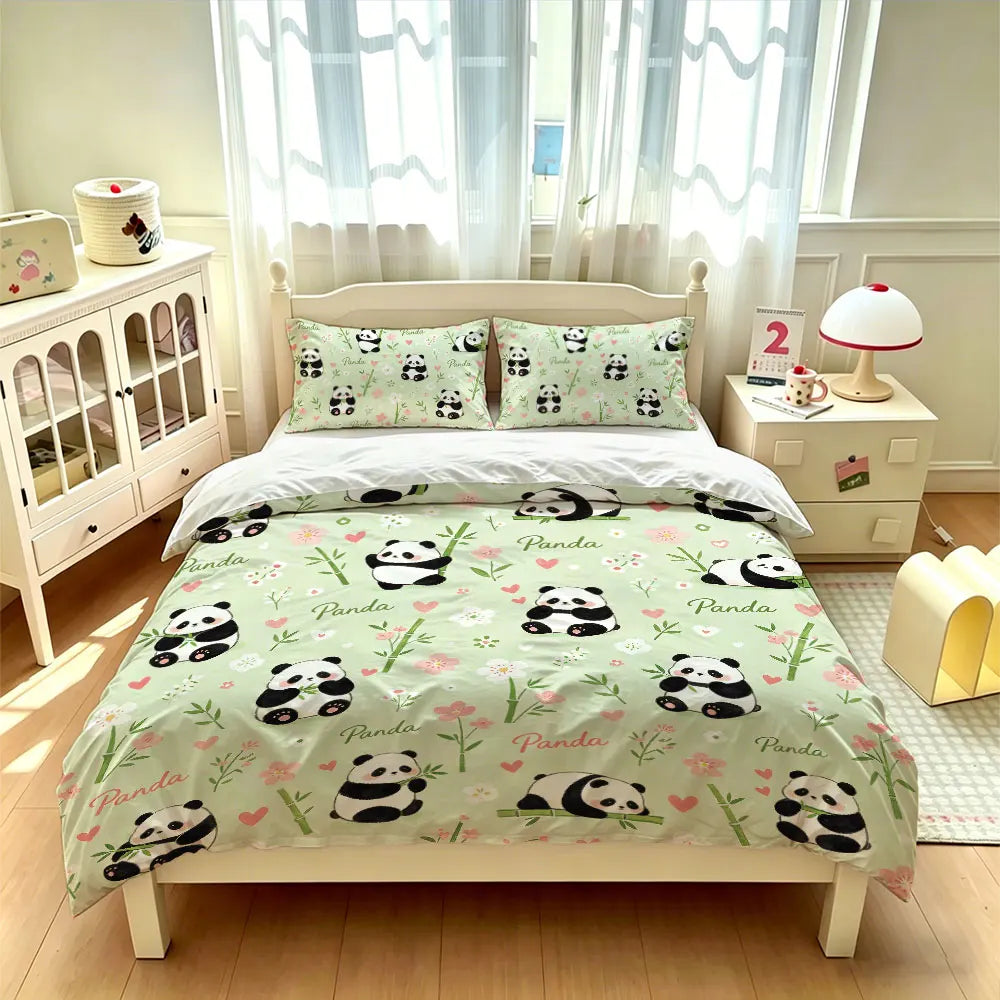 3pcs Cartoon Panda Print Coreless Duvet Cover Cool Summer Lightweight Bedding Set Multi Size Bedroom Bedding Decoration