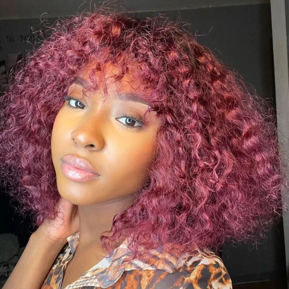Highlight Honey Blonde Jerry Curly Pixie Bob Wig with Bangs | Full Machine Made Human Hair
